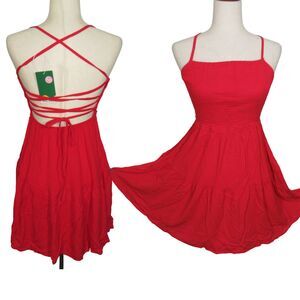 Halara Red Crinkle Gauze Smocked Backless Lace Up Fit Flare Mini Dress Sz Medium